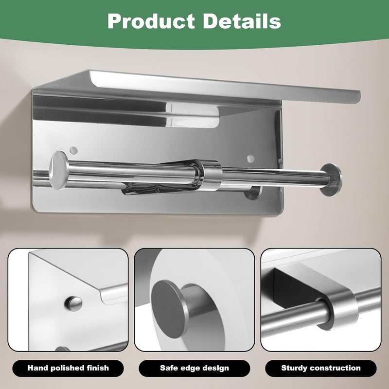 Tobeelec Double Roll Toilet Paper Holder with Shelf, 304 Stainless Steel Wall Mount Tissue Roll Holder for Bathroom, Commercial Toilet Paper Holder Toilet Tissue Dispensers with Phone Shelf (Silver) - Image 3